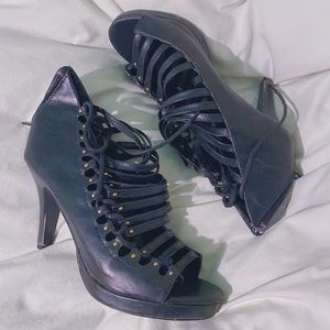 Strappy Edgy Black Leather Heels